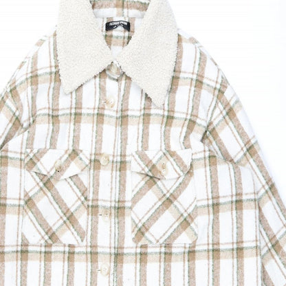 Close-up detail of Fashion Union women’s beige plaid overcoat coat, size UK 22, button
