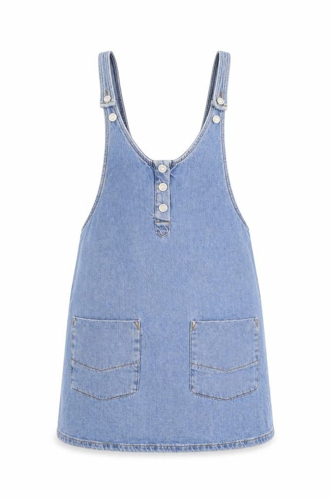 Pull&Bear Womens Blue 100% Cotton Tank Dress Size S Scoop Neck Button