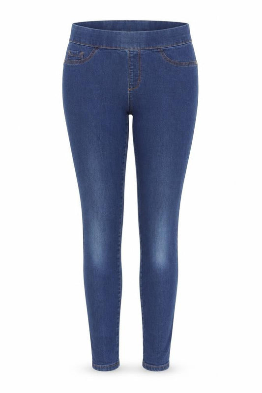 Front view of Denim & Co. women’s blue cotton skinny jeans, size UK 12, 30-inch leg slim