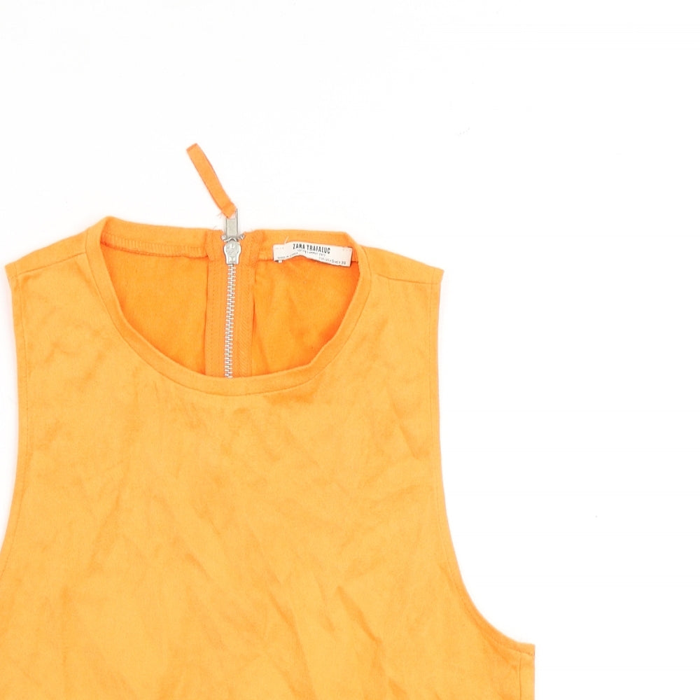 Zara Womens Orange Polyester Basic Tank Size S Round Neck