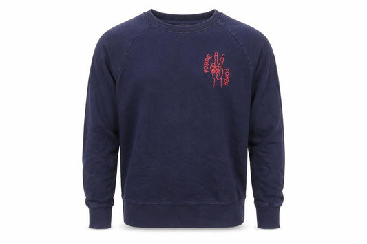 Earth Positive Mens Blue Cotton Pullover Sweatshirt Size S - Embroidered Peace Sign Positive Power