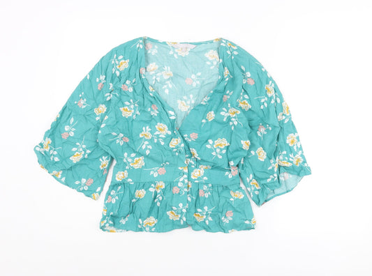Red Herring Womens Blue Floral Viscose Basic Blouse Size 8 V-Neck