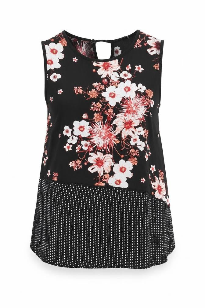 Debenhams Womens Black Floral Polyester Camisole Blouse Size 14 Round Neck - Asymmetric Polkadot