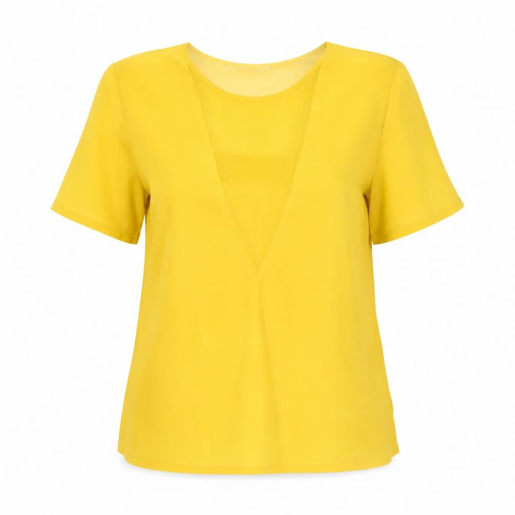 Warehouse Womens Yellow Viscose Basic T-Shirt Size 12 Roll Neck - Semi Sheer V Neck