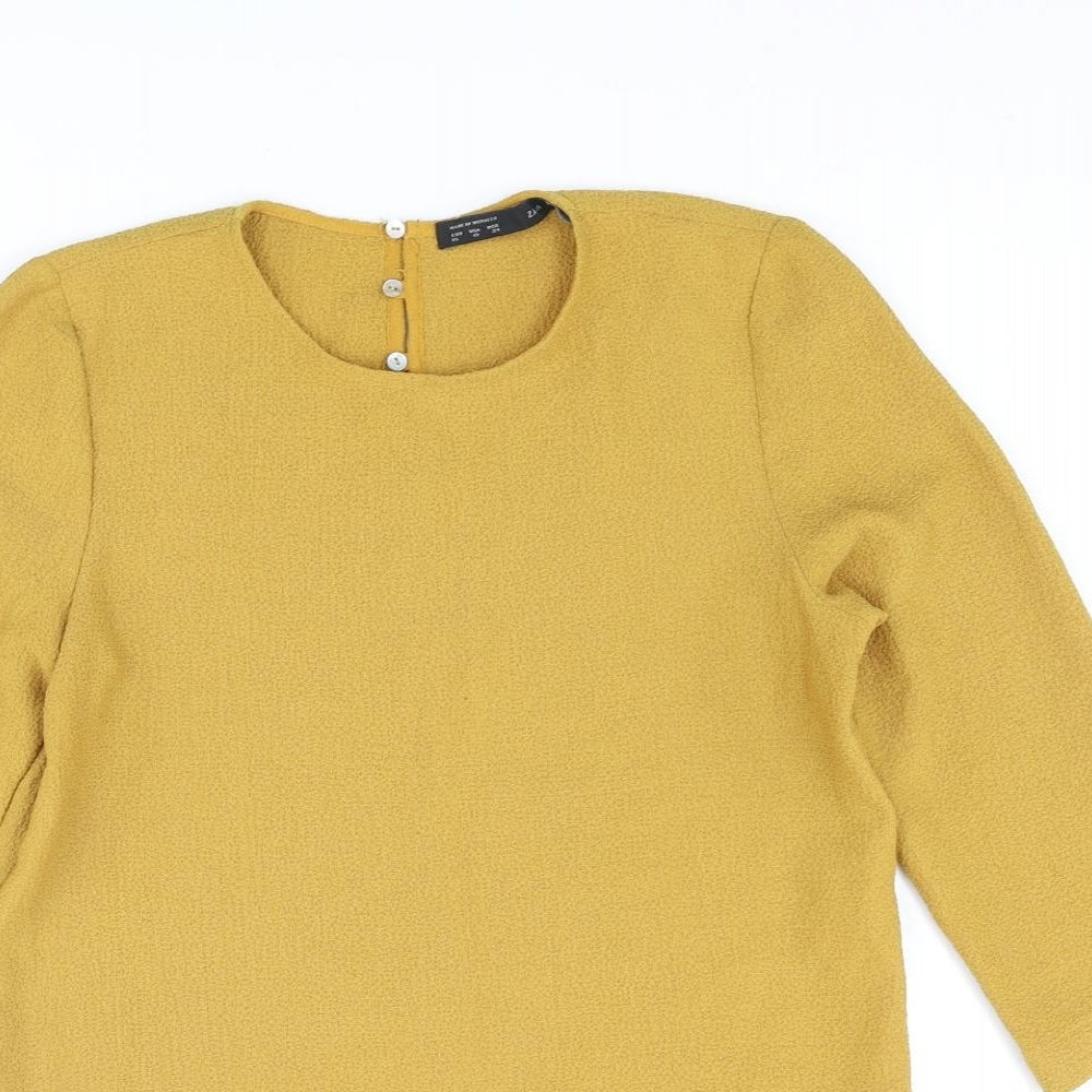 Zara Womens Yellow Polyester Basic Blouse Size M Round Neck - Frill