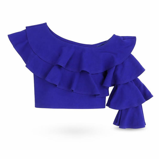 River Island Womens Blue Polyester Cropped Blouse Size 8 One Shoulder - Layered Frill