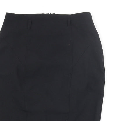 Close-up detail of ASOS women’s black polyester straight & pencil skirt, size UK 10, zip