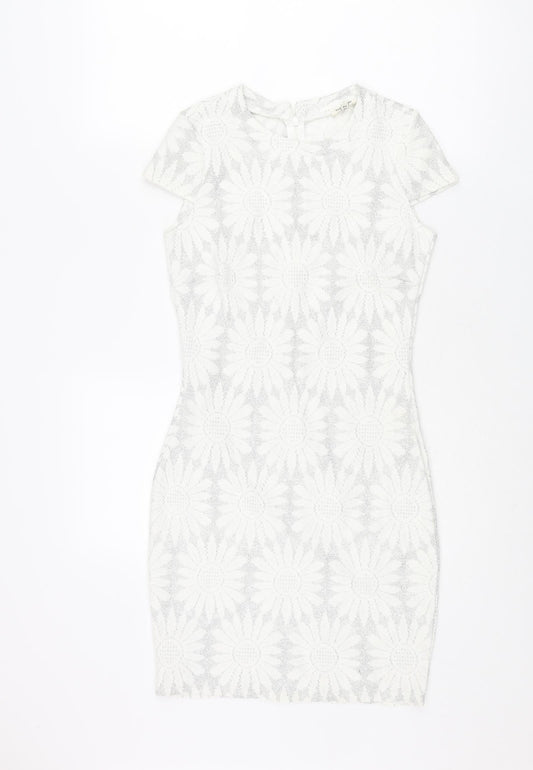 River Island Womens Silver Floral Polyester Bodycon Size 8 Round Neck Zip