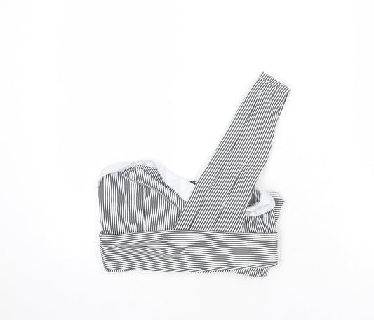 PRETTYLITTLETHING Womens White Striped Polyester Cropped T-Shirt Size 8 One Shoulder - Tie Detail