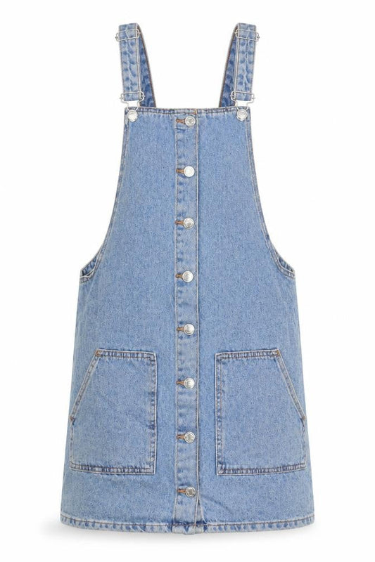 Denim & Co. Womens Blue 100% Cotton Pinafore/Dungaree Dress Size 8 Square Neck Button