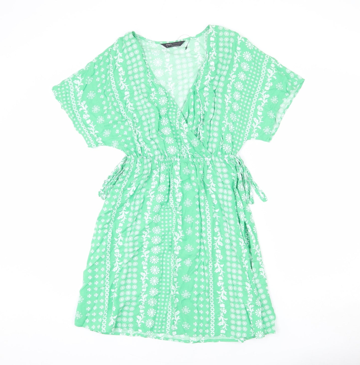 Marks and Spencer Womens Green Geometric Viscose A-Line Size 8 V-Neck Pullover - Tie Detail