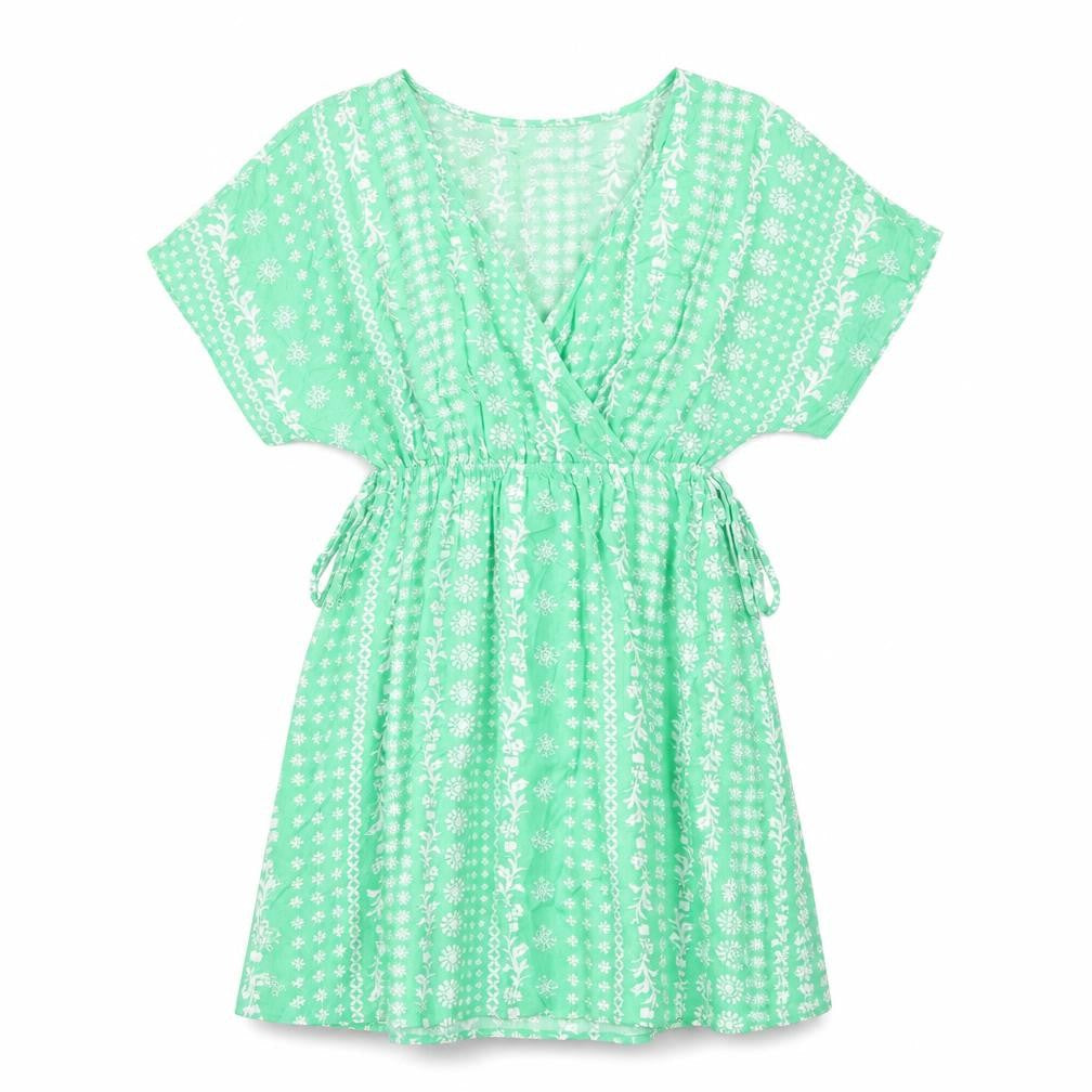 Marks & Spencer Womens Green Geometric Viscose A-Line Size 8 V-Neck Pullover - Tie Detail