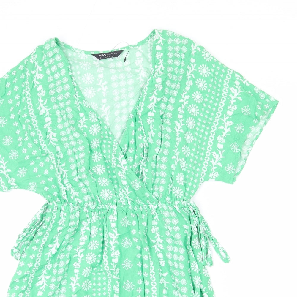 Marks and Spencer Womens Green Geometric Viscose A-Line Size 8 V-Neck Pullover - Tie Detail