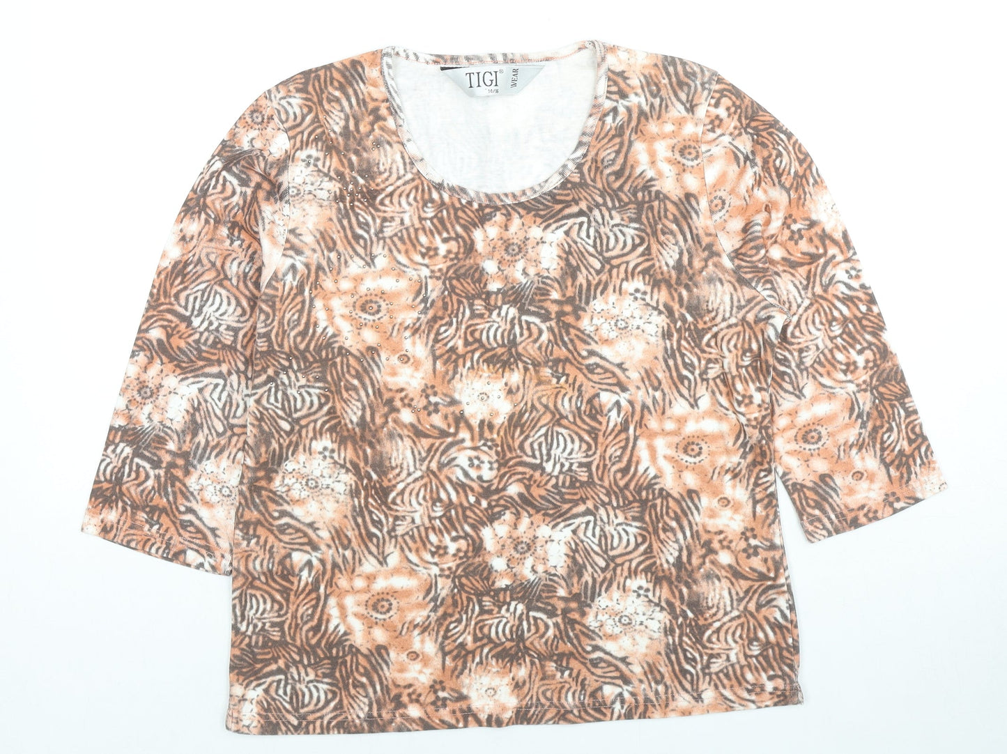 TIGI Womens Beige Geometric Cotton Basic Blouse Size 14 Round Neck - Flowers Size 14-16