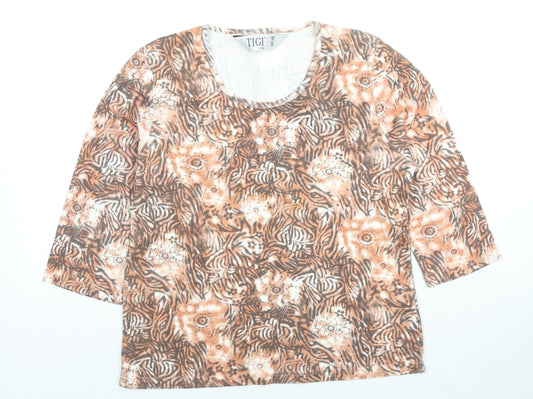 TIGI Womens Beige Geometric Cotton Basic Blouse Size 14 Round Neck - Flowers Size 14-16