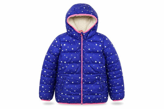 Front view of Gap girls’ blue geometric puffer jacket coat, size XL, zip - stars, fleece lining, hood