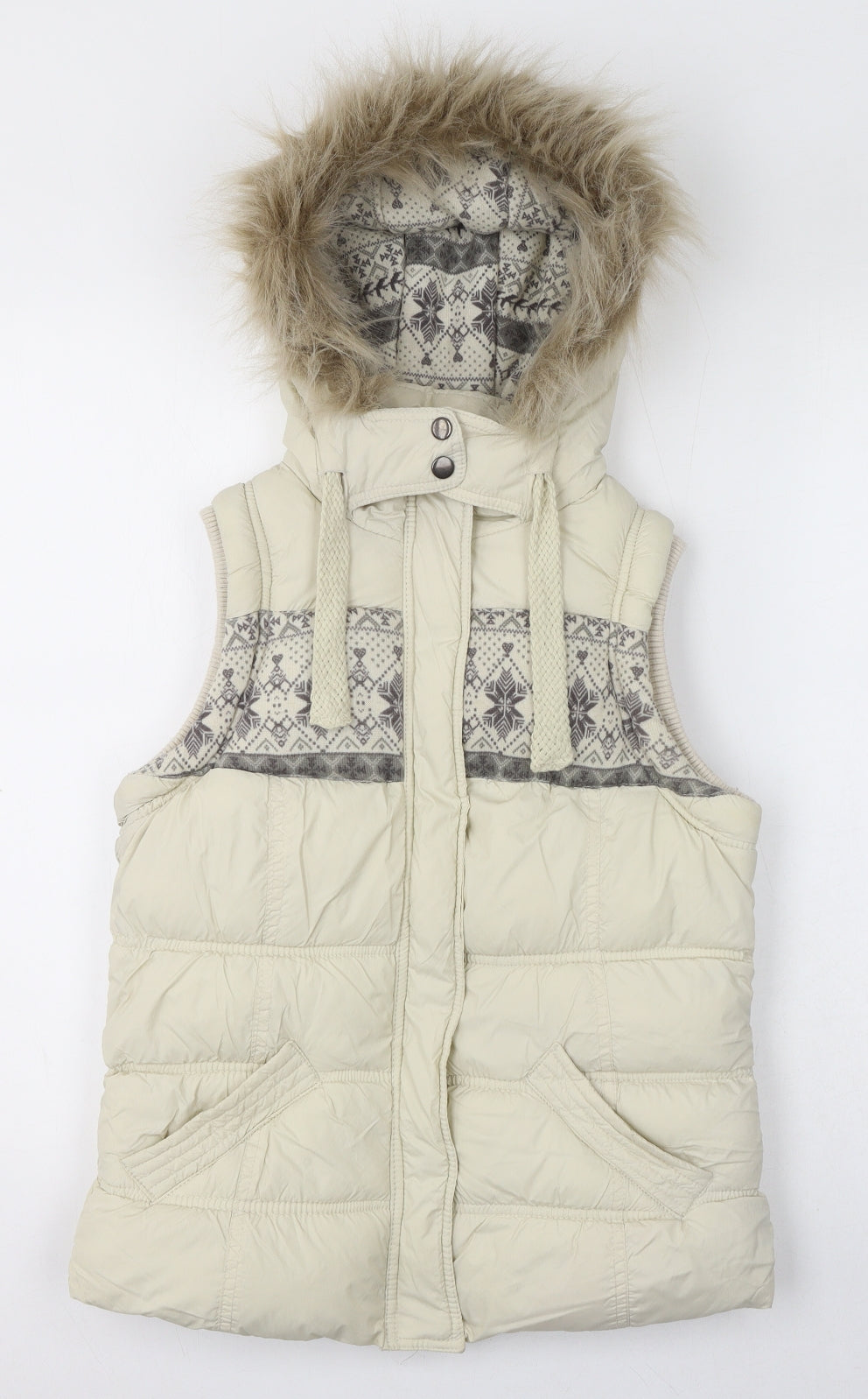 New Look Womens Beige Gilet Jacket Size 10 Zip - Faux Fur Hood, Puffer Jacket