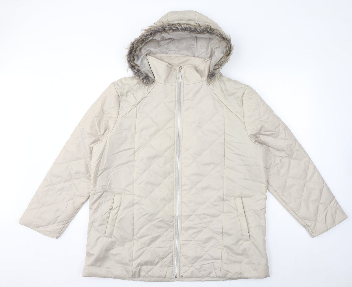 Additional front view of Anne De Lancay women’s ivory quilted coat, size L, zip - faux fur hood