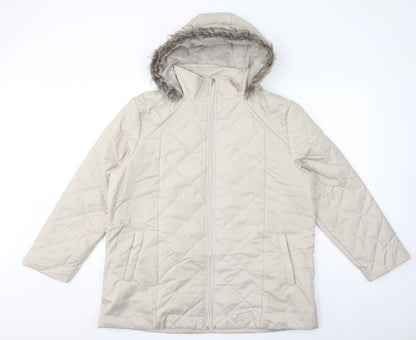 Additional front view of Anne De Lancay women’s ivory quilted coat, size L, zip - faux fur hood