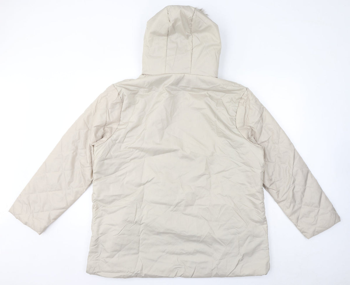 Back view of Anne De Lancay women’s ivory quilted coat, size L, zip - faux fur hood
