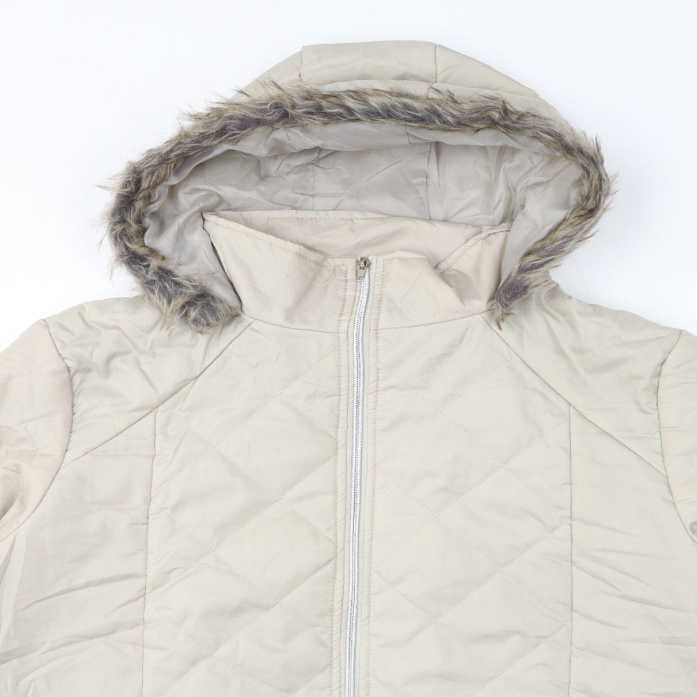 Close-up detail of Anne De Lancay women’s ivory quilted coat, size L, zip - faux fur hood