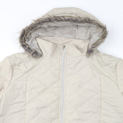 Close-up detail of Anne De Lancay women’s ivory quilted coat, size L, zip - faux fur hood