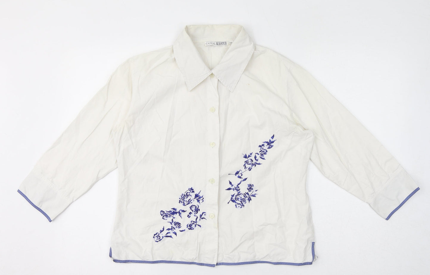 Casual Wear Womens White 100% Cotton Basic Button-Up Size 12 Collared - Embroidery