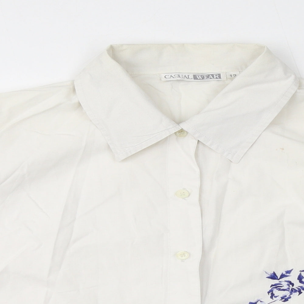 Casual Wear Womens White 100% Cotton Basic Button-Up Size 12 Collared - Embroidery