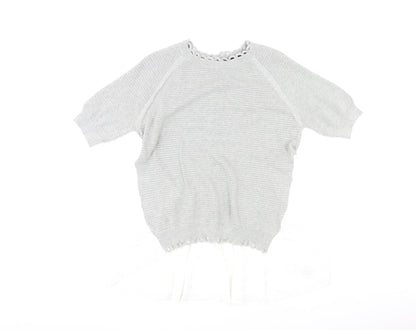 Additional front view of French Connection women’s grey round neck cotton jumper, size S, - lace trim, button closure on back