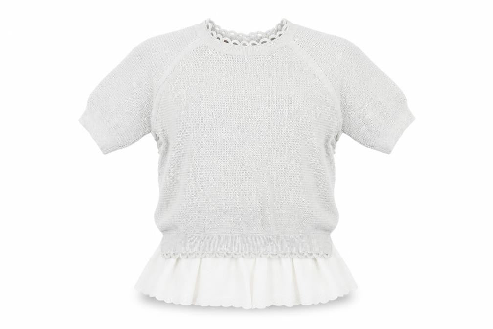 French Connection Womens Grey Round Neck Cotton Pullover Jumper Size S - Lace Trim, Button Closure on Back