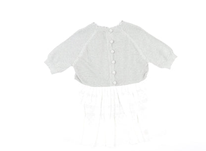 Back view of French Connection women’s grey round neck cotton jumper, size S, - lace trim, button closure on back