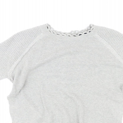 Close-up detail of French Connection women’s grey round neck cotton jumper, size S, - lace trim, button closure on back