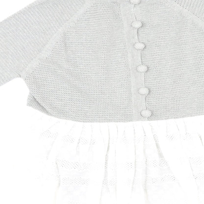 Brand and care label for French Connection women’s grey round neck cotton jumper, size S, - lace trim, button closure on back