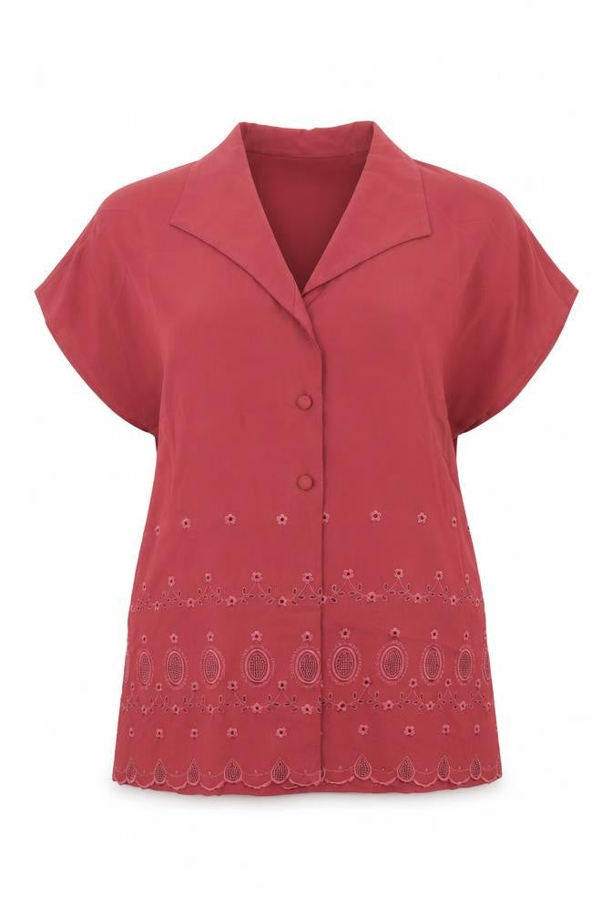 BHS Womens Red Viscose Basic Button-Up Size 14 V-Neck - Embroidered Design by Hem