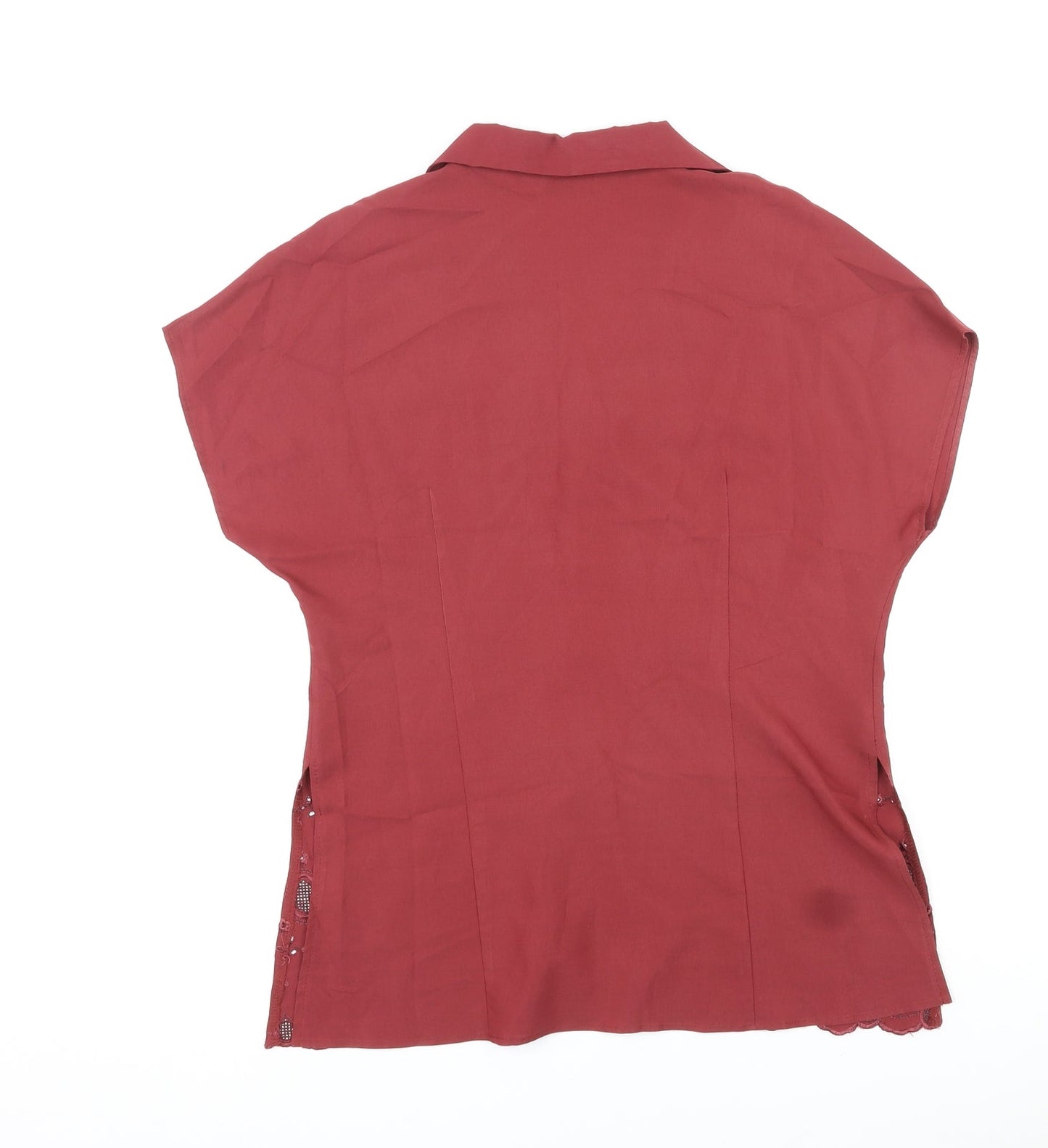 BHS Womens Red Viscose Basic Button-Up Size 14 V-Neck - Embroidered Design by Hem
