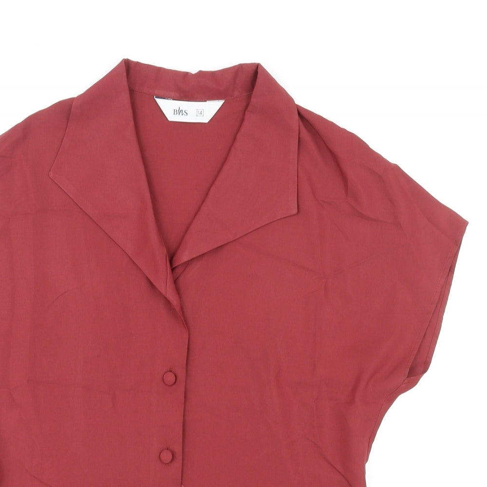 BHS Womens Red Viscose Basic Button-Up Size 14 V-Neck - Embroidered Design by Hem