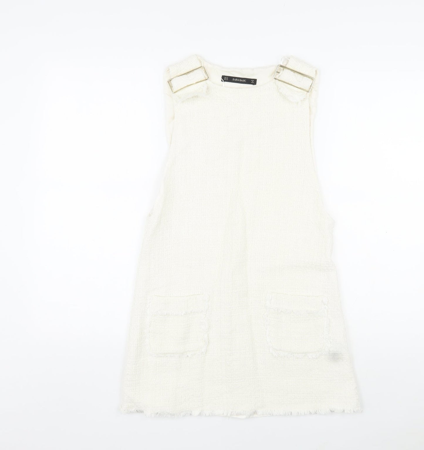 Zara Womens Ivory Cotton A-Line Size XS Square Neck Buckle - Distressed Look on Hem and Buckle