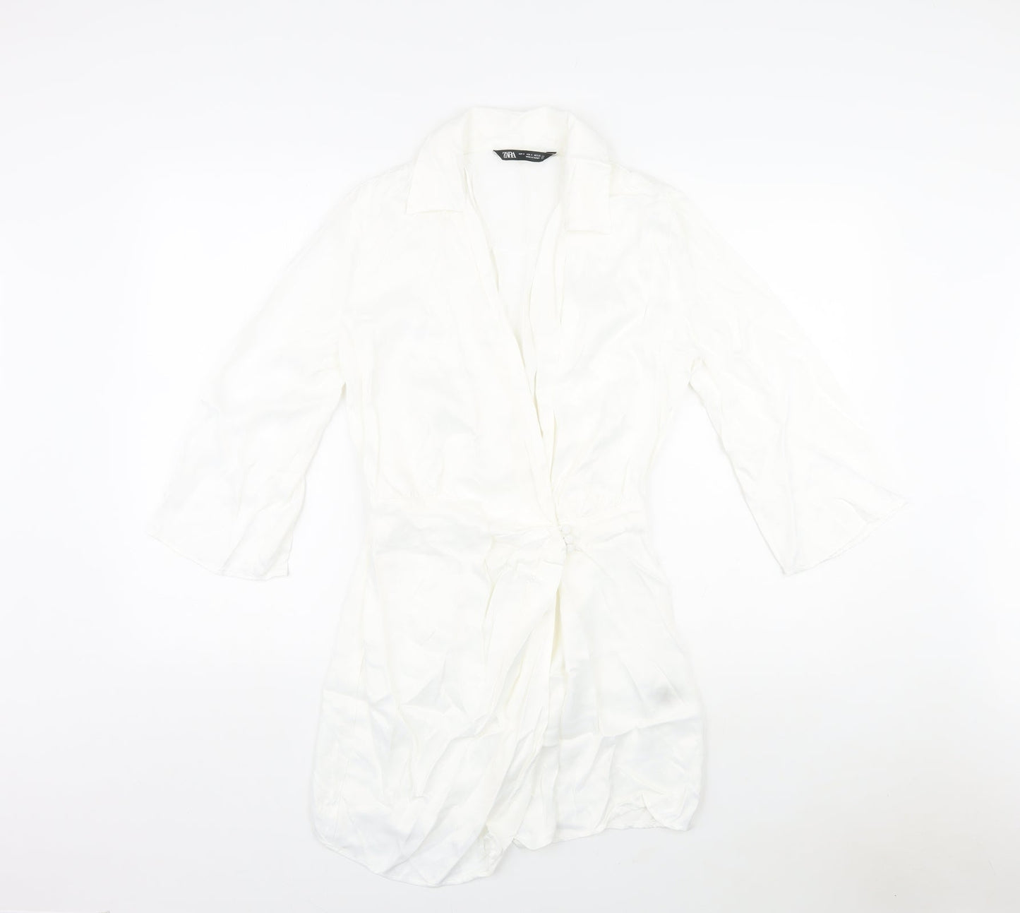 Zara Womens White Viscose A-Line Size S V-Neck Button