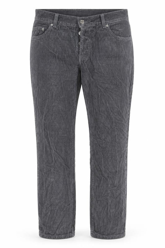 Front view of ASOS women’s grey cotton trousers, size UK 28, in, 28-inch leg regular button - pockets, belt loops