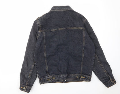 Back view of TCM boys’ blue jacket, size 16, years button - pockets, buttons, embroided