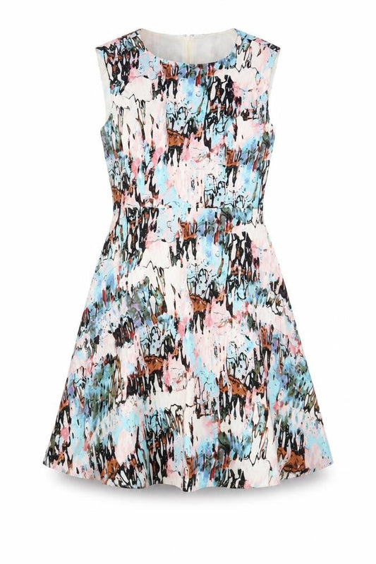 Front view of French Connection women’s multicoloured geometric viscose a-line, size UK 10, boat neck zip - lined