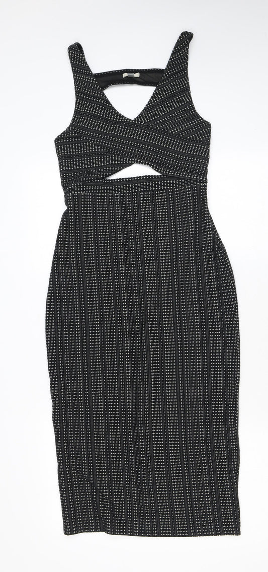Ecote Womens Black Geometric Cotton Bodycon Size S V-Neck Zip - Cutout