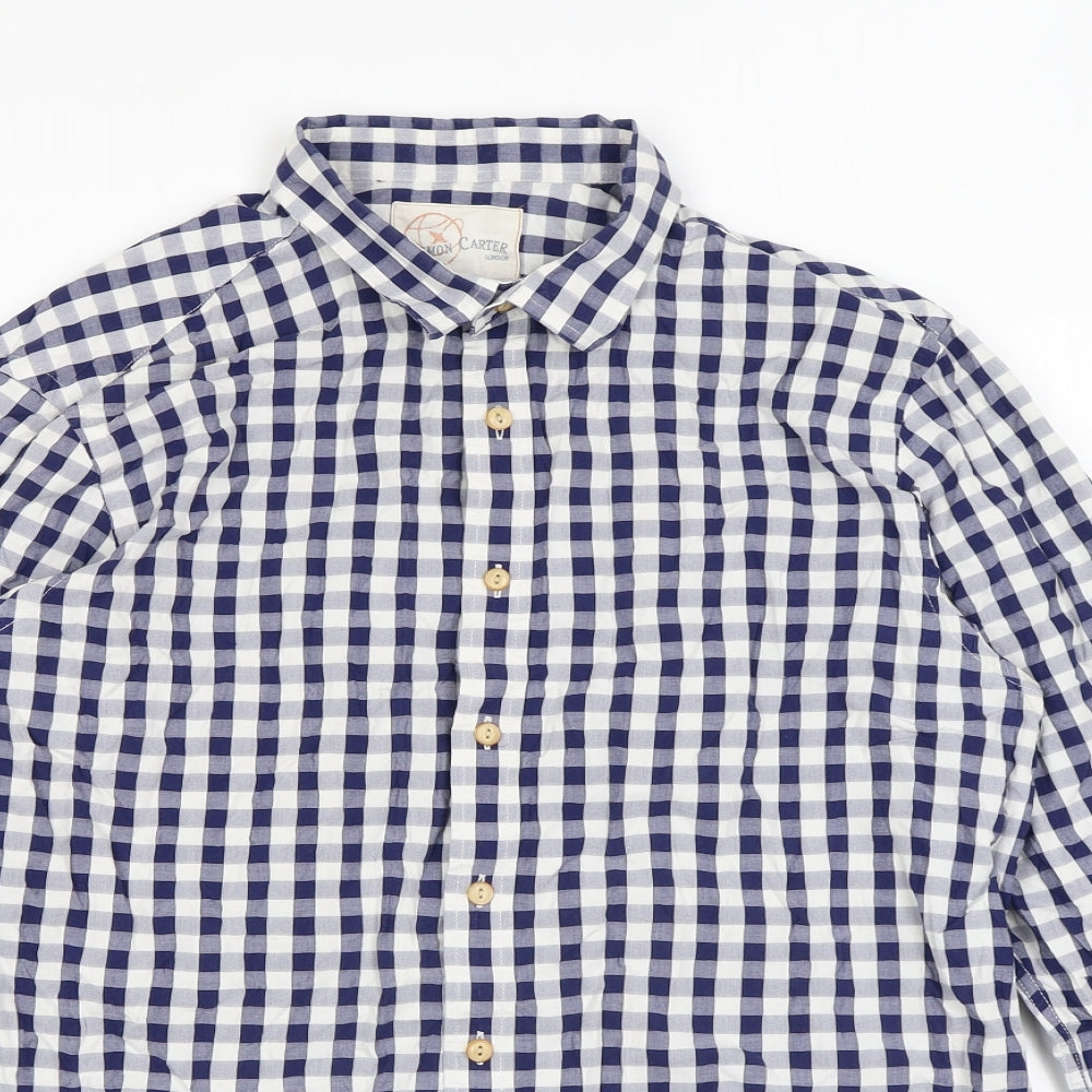 Simon Carter Mens Blue Check Cotton Button-Up Size L Collared Button