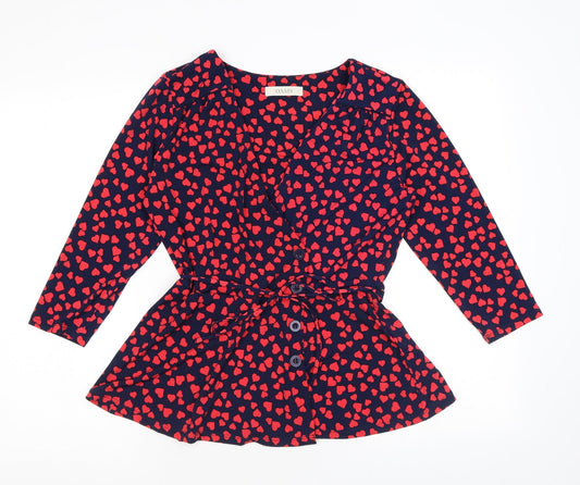 Oasis Womens Blue Geometric Polyester Wrap Blouse Size S V-Neck - Hearts