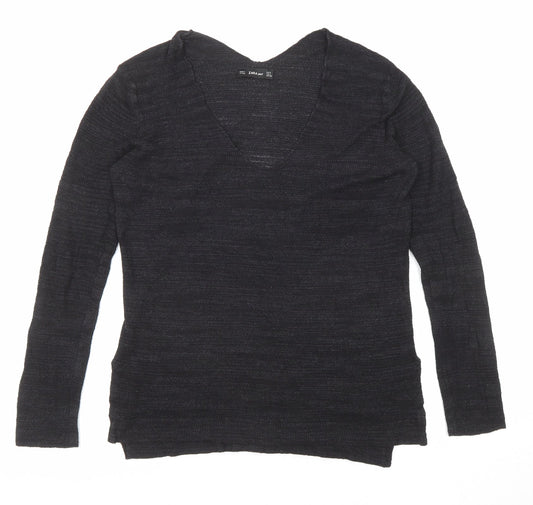 Zara Womens Black V-Neck Acrylic Pullover Jumper Size S