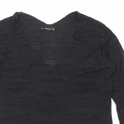 Zara Womens Black V-Neck Acrylic Pullover Jumper Size S