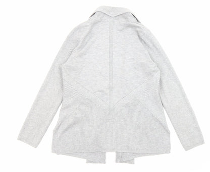 Back view of Principles women’s grey collared acrylic cardigan jumper, size UK 12, - open