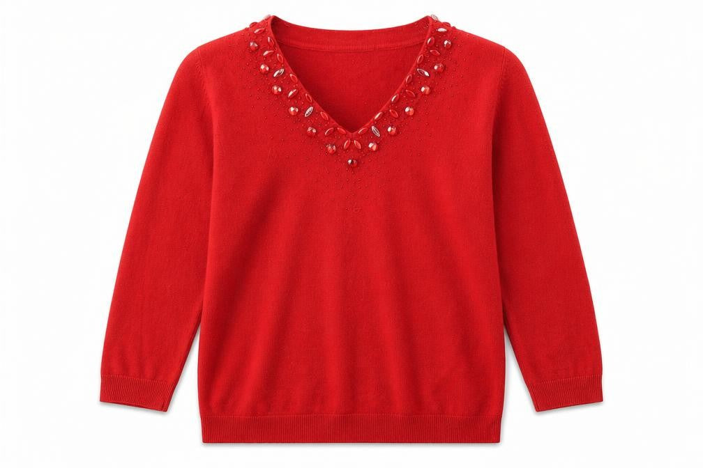 BHS Womens Red V-Neck Acrylic Pullover Jumper Size 12 - Embellished Neckline