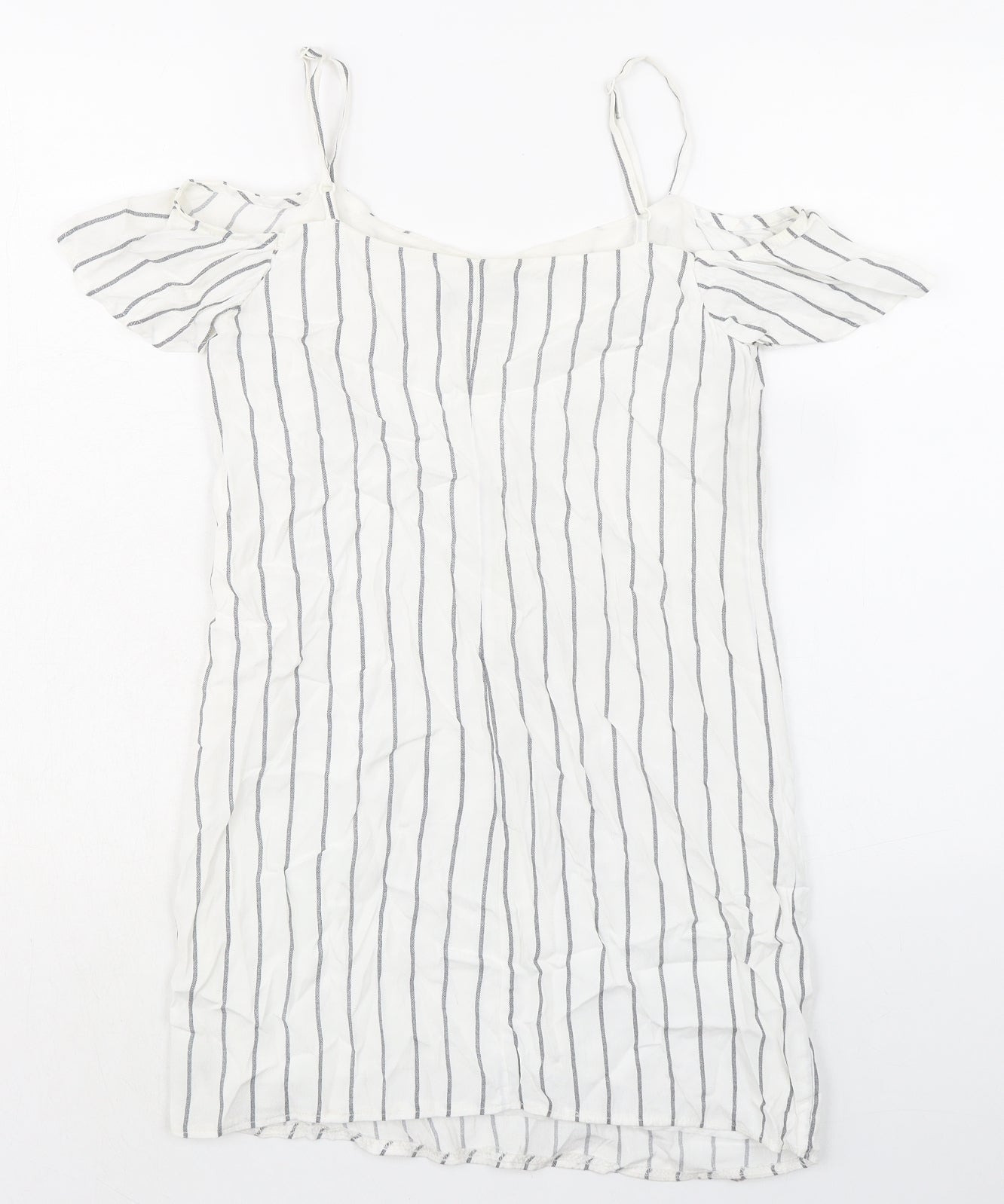 Bershka Womens White Striped Polyester Mini Size S Scoop Neck Pullover - Cold Shoulder