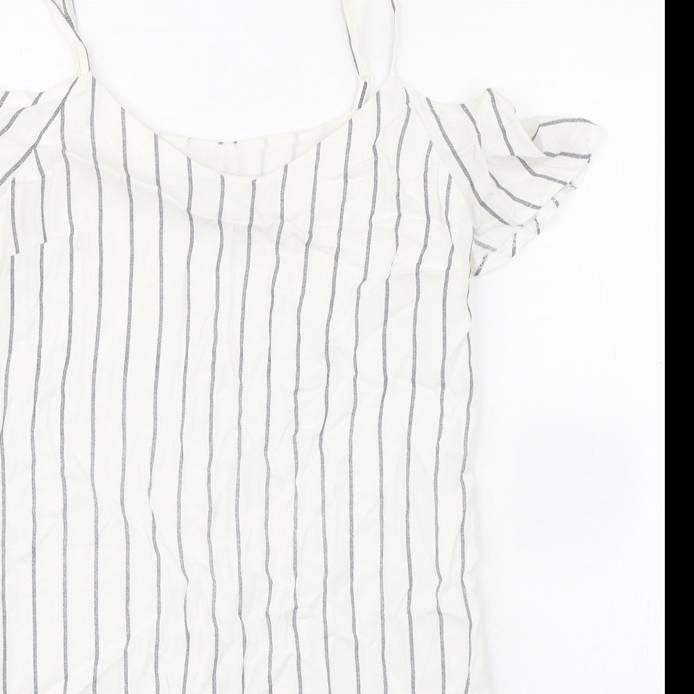 Bershka Womens White Striped Polyester Mini Size S Scoop Neck Pullover - Cold Shoulder